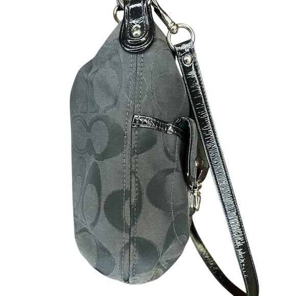 COACH Poppy Signature lurex Pocket Hobo Bag Black Gray Patent Leather 2 way - Picture 8 of 15